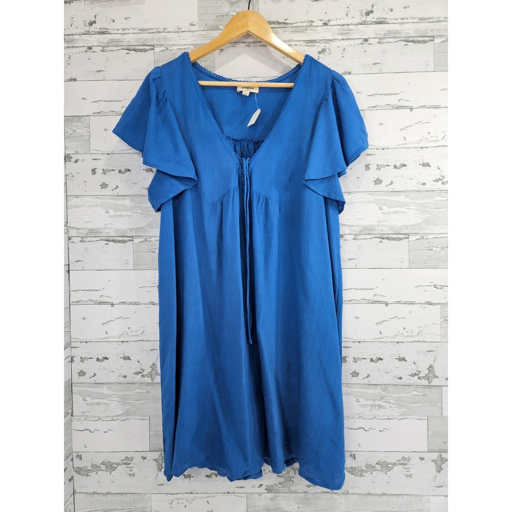 Umgee USA Royal Blue Linen Blend Flutter Sleeve Lace Up Boho Shift Dress Large